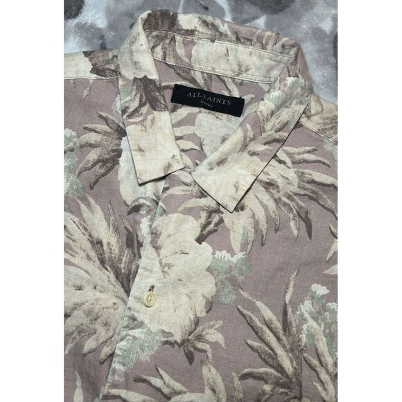 AllSaints Men's Small Short Sleeve Floral Linen Blend Button Up Laysan Shirt - Picture 1 of 11